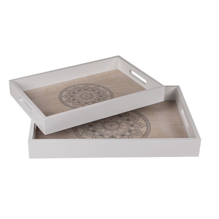 Holz-Tablett Weiß/naturfarben Mandala