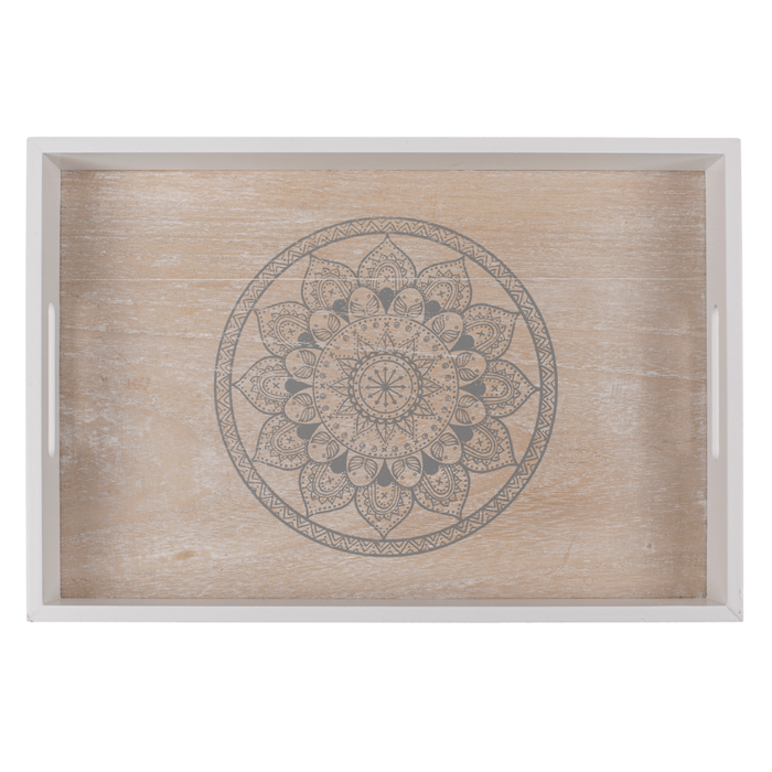 Holz-Tablett Weiß/naturfarben Mandala